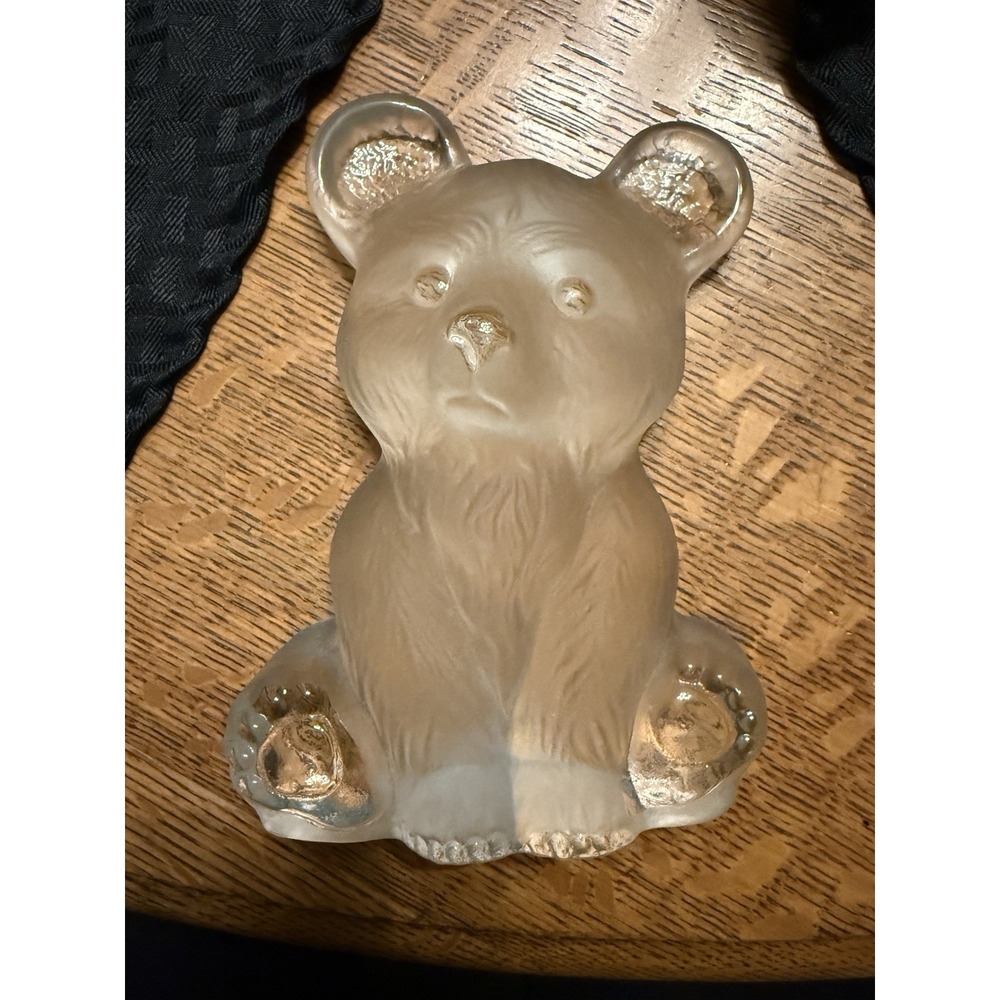 Viking Glass Clear Frosted Crystal Bear Paperweight/Bookend Vintage w/ Label